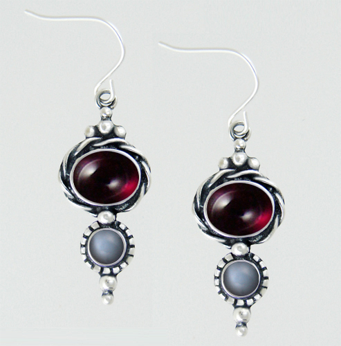Sterling Silver Drop Dangle Earrings With Garnet And Grey Moonstone